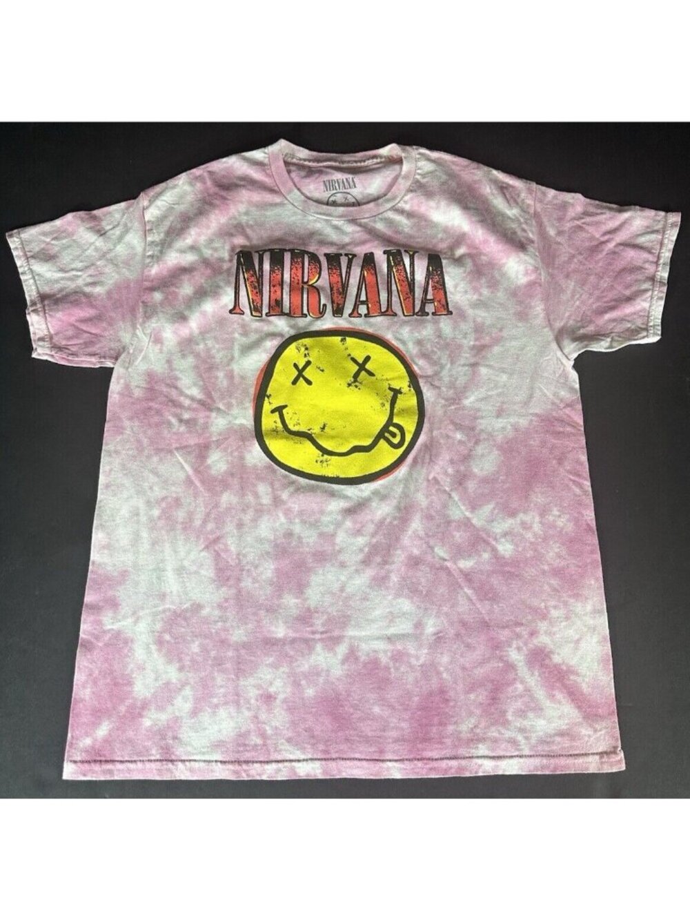 Nirvana Smiley Graphic Pink Tie Dye Women Short Sleeve T-Shirt Size L